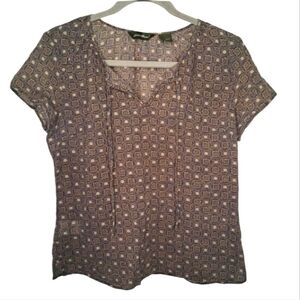 Eddie Bauer Blue Patterned Split Neck Tie Blouse Size Small